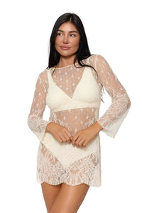 chantilly lace long sleeve dress ecru / M